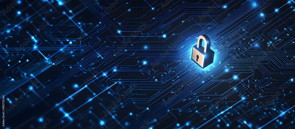 Poster blue digital security background with a lock symbol and circuit board patterns, representing data pr