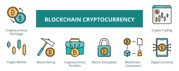 Blockchain Cryptocurrency Lineal Color Banner Web Icon Set Vector Illustration, Cryptocurrency Exchange Crypto Market Bitcoin Mining Portfolio Encryption Consensus Digital Currency Crypto Trading