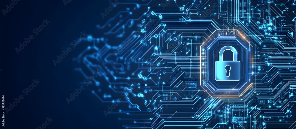 Poster blue digital security background with a lock symbol and circuit board patterns, representing data pr