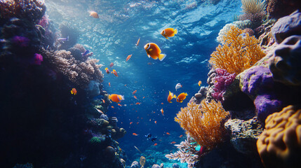 Obraz premium vibrant coral reef with colorful fish and sunlight - underwater tropical paradise