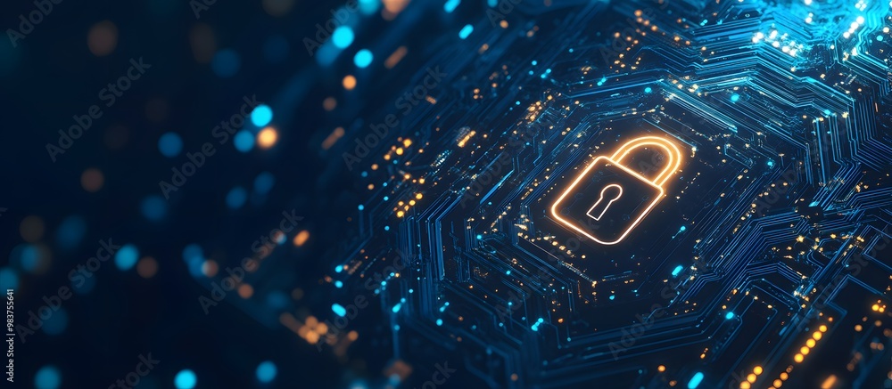Poster blue digital security background with a lock symbol and circuit board patterns, representing data pr