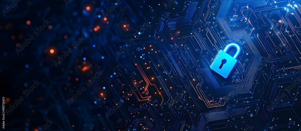 Poster blue digital security background with a lock symbol and circuit board patterns, representing data pr