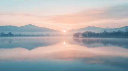 Fototapeta premium Calm natural landscape, serene atmosphere, sunrise over tranquil lake, soft pastel colors