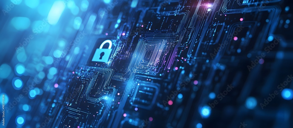 Poster blue digital security background with a lock symbol and circuit board patterns, representing data pr