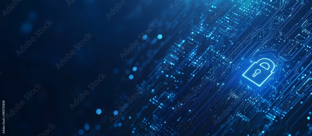 Poster blue digital security background with a lock symbol and circuit board patterns, representing data pr