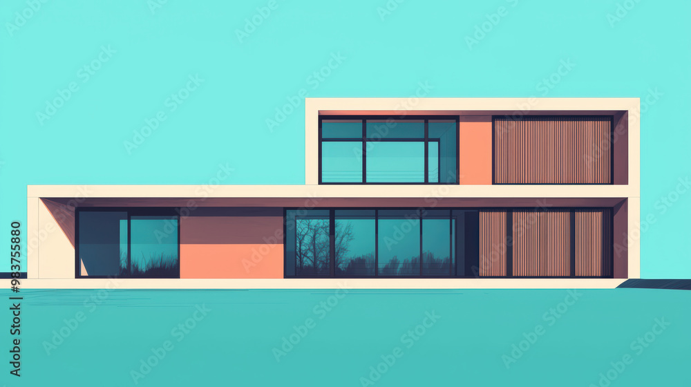 Poster modern architectural sketch of house featuring large windows and minimalist design. vibrant backgrou