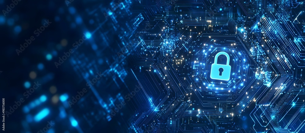 Poster blue digital security background with a lock symbol and circuit board patterns, representing data pr