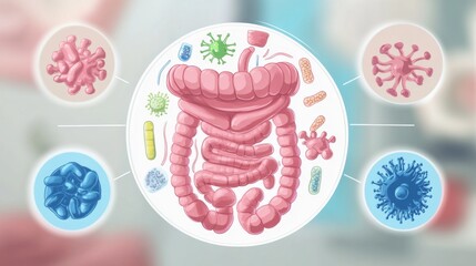 Intestinal disease. Symptoms of acid reflux or excess acid in the stomach. Gastric juice and intestinal model within the abdominal cavity