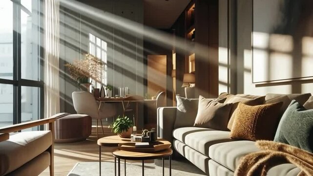 The cozy condo's interior was bathed in soft sunbeams, streaming through the large windows, captured perfectly in an eye-level shot.