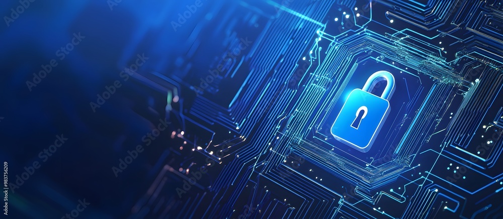 Poster blue digital security background with a lock symbol and circuit board patterns, representing data pr