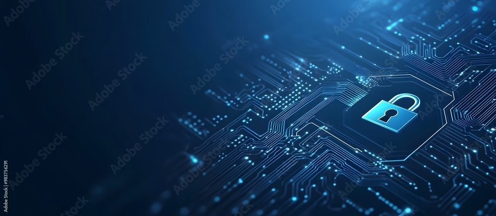 Poster blue digital security background with a lock symbol and circuit board patterns, representing data pr