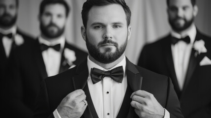A black and white shot of groom adjusting his tuxedo, surrounded by groomsmen. atmosphere is formal and elegant, capturing moment of preparation before ceremony