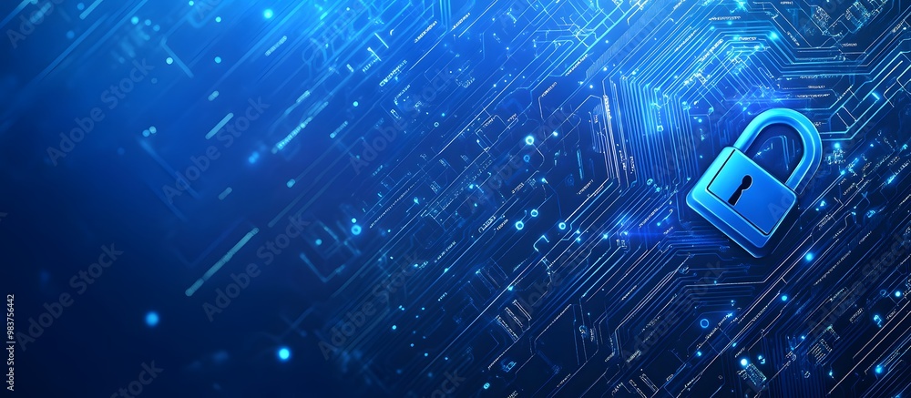 Poster blue digital security background with a lock symbol and circuit board patterns, representing data pr