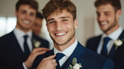 A candid shot of groomsmen helping groom adjust his tie, showcasing joyful expressions and elegant attire. moment captures excitement of wedding day