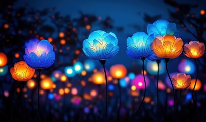Illuminated Flowers in a Night Garden.