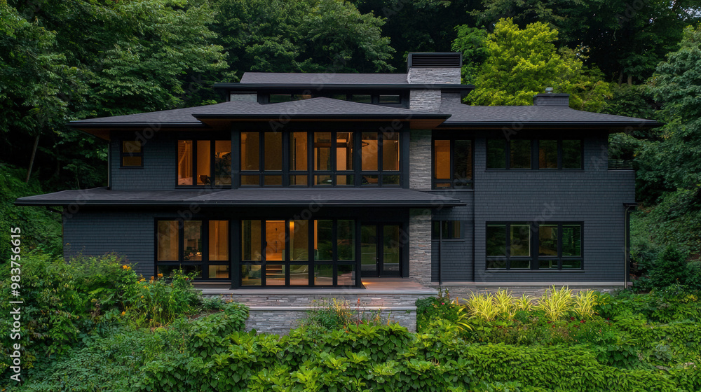 Poster a cozy home nestled in natural setting with open spaces and large windows, surrounded by lush greene