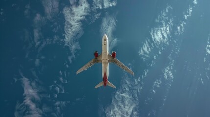 Fototapeta premium A commercial airplane flying in the sky, viewed from below