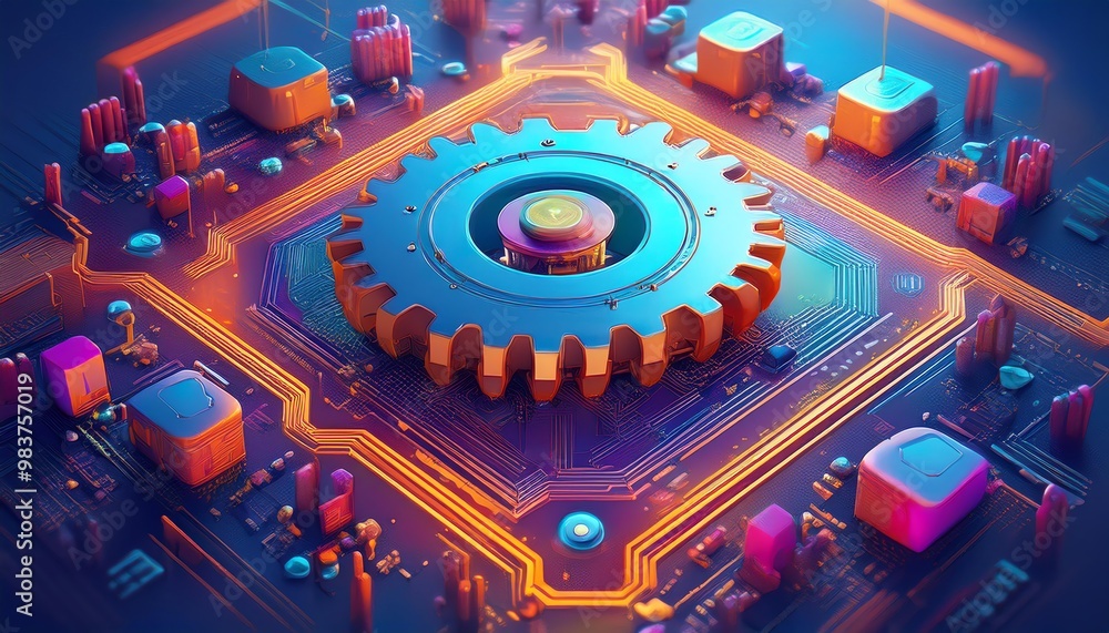 Aufkleber a visually striking microchip design featuring a central gear, surrounded by colorful circuits and c