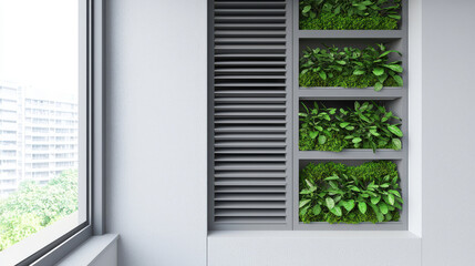 Fototapeta premium A modern interior featuring wall with green plants in shelves, enhancing spaces freshness and tranquility. design combines nature with contemporary architecture