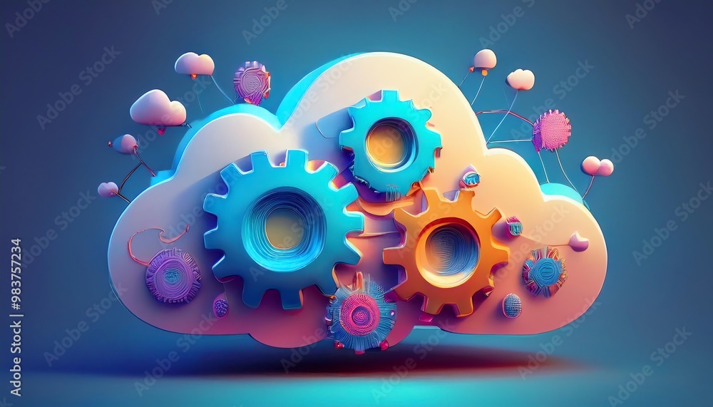 Poster a colorful 3d illustration of a cloud with interlocking gears, representing technology, innovation, 