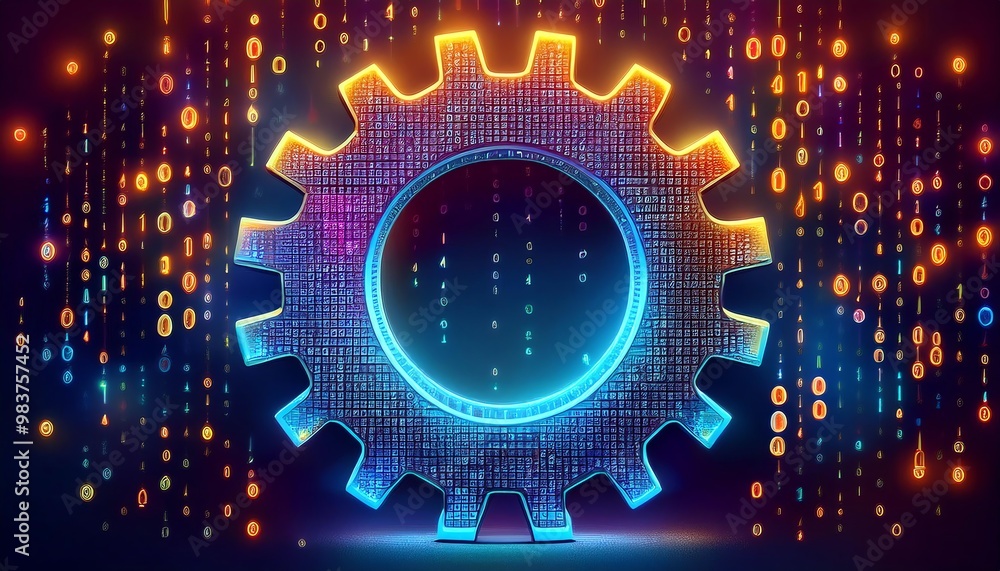 Poster a vibrant digital gear symbolizing technology and innovation, surrounded by colorful binary code.