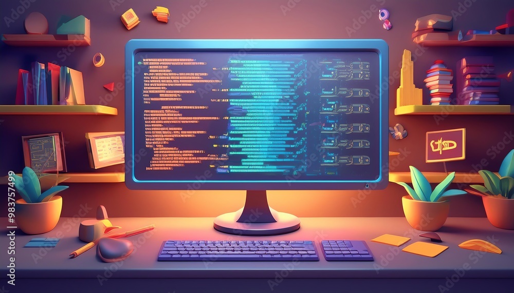 Poster a vibrant workspace featuring a computer displaying colorful code, surrounded by books, plants, and 