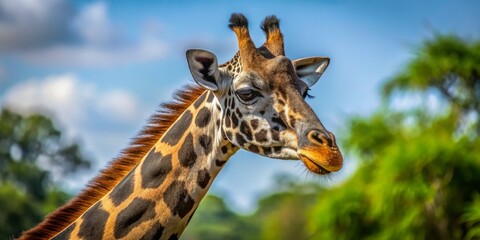 Obraz premium A lone black giraffe stands tall, its regal head and neck towering above the open plains, a delicate