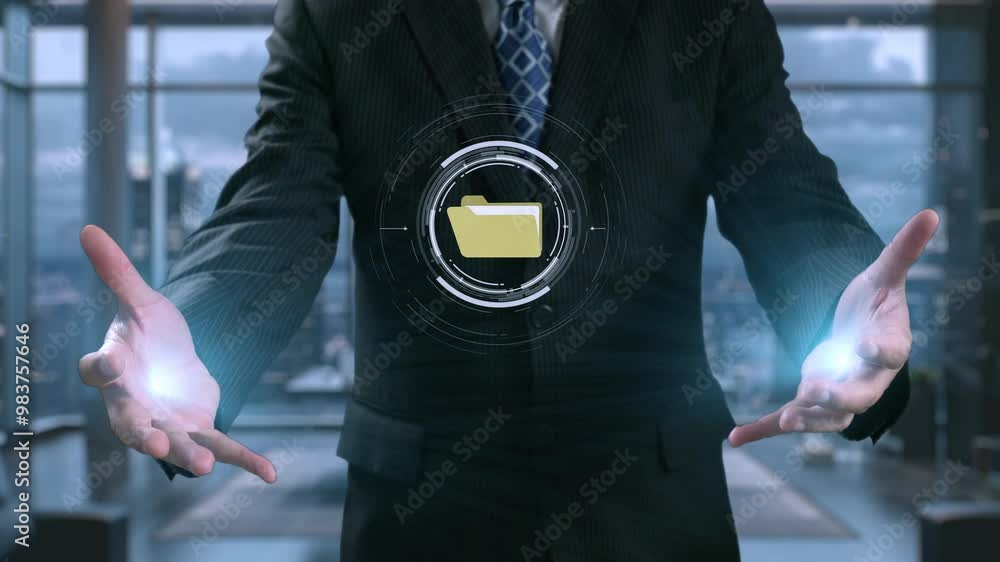Poster business person managing online documents folders for efficient work processes. ensure secure and qu
