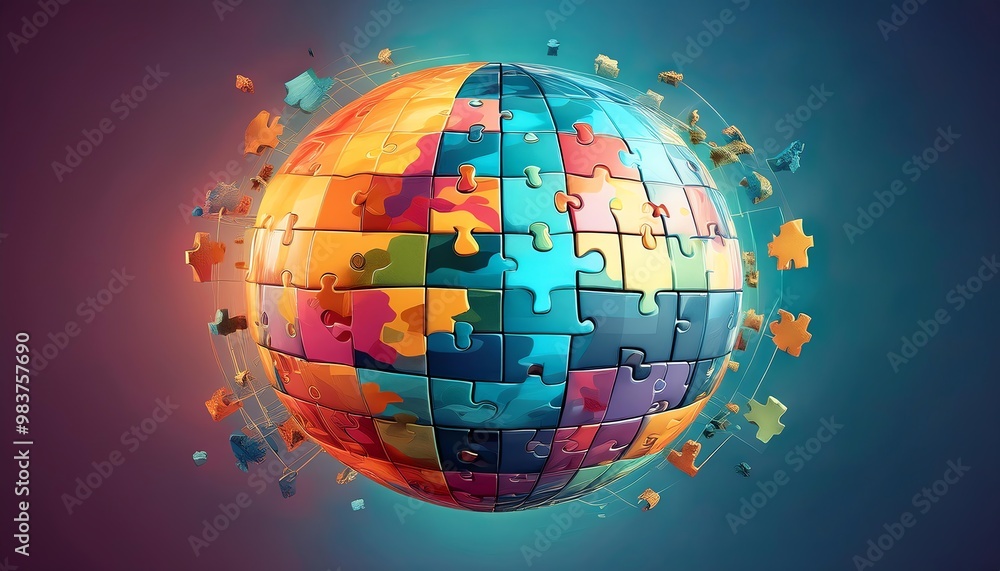Poster a vibrant, 3d puzzle globe representing unity and diversity, with interlocking colorful pieces sugge