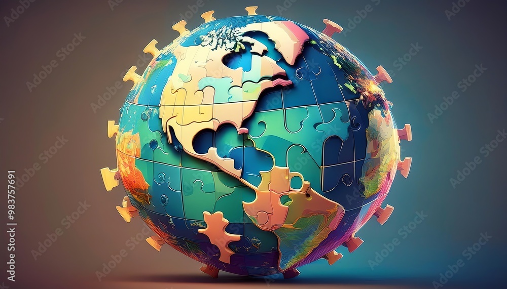 Poster a vibrant puzzle globe representing the interconnectedness of our world, emphasizing both diversity 