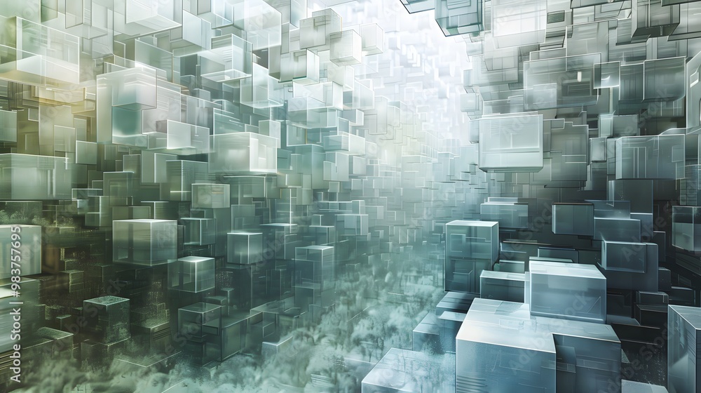 Poster a digital landscape with a vast, continuous memory space created by interconnected, floating blocks 