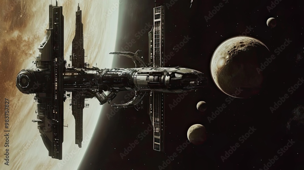 Poster a futuristic spaceship orbiting a gas giant with multiple moons.