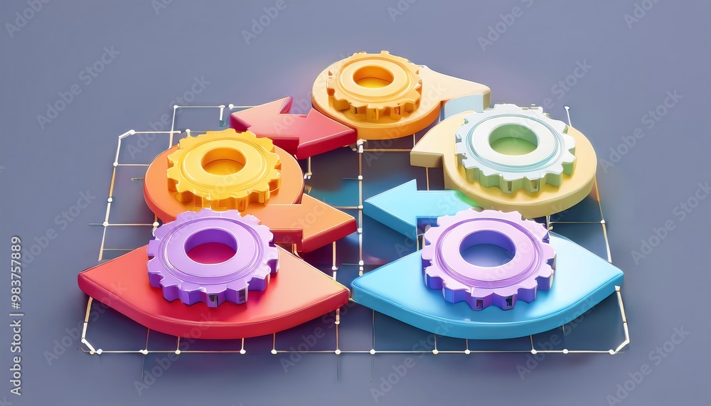 Poster colorful gears and arrows arranged in a grid, symbolizing motion and interconnected processes in a v
