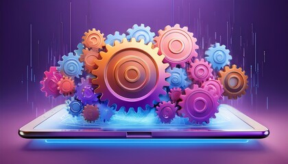 A vibrant digital illustration of colorful gears emerging from a laptop, symbolizing innovation, technology, and automation.