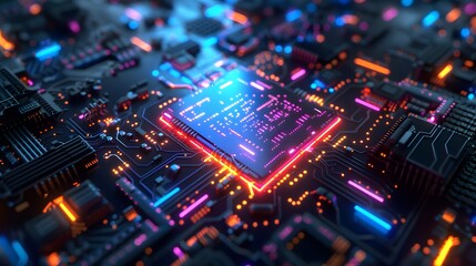 Obraz premium A high-tech, central core with glowing circuits and data streams, representing the core component of an operating system managing system resources and hardware communication