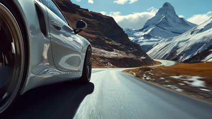 Silver sports car speeds along a mountain pass with the matterhorn in the background, exuding luxury and speed in the swiss alps landscape, evoking adventure and freedom