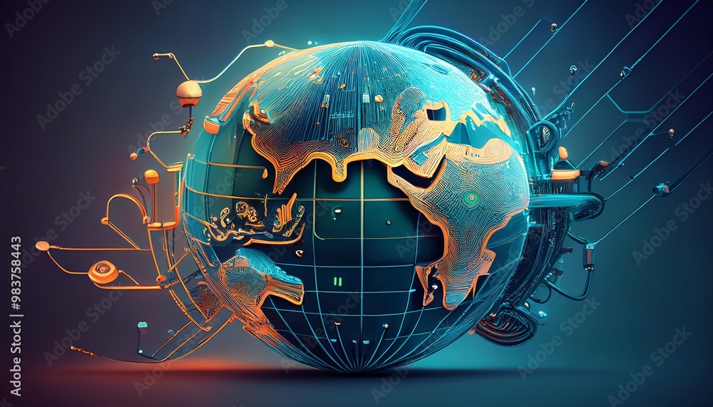 Poster a futuristic, digital globe showcasing continents with a network of data and technology, symbolizing