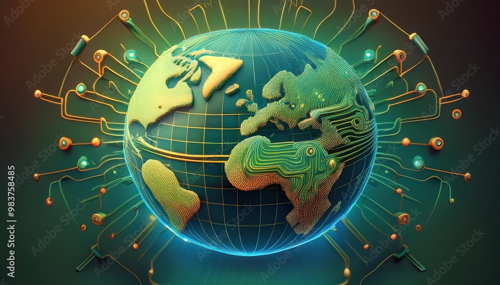 Poster a digital globe with circuit patterns, showcasing technology and connectivity around the world, illu