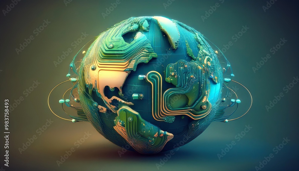 Poster a digital globe with circuit patterns symbolizes the intersection of technology and the earth.