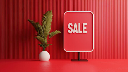 A vibrant sale sign stands against bold red backdrop, complemented by stylish plant in white pot, creating an eye catching display