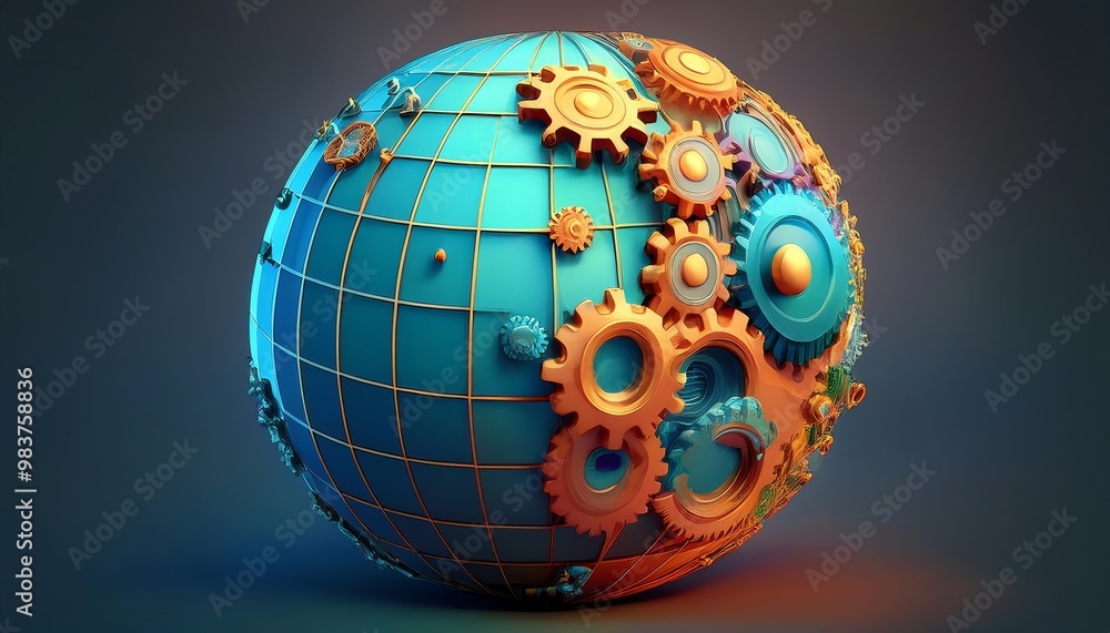 Poster a colorful, abstract globe with interlocking gears, symbolizing innovation and technology in a fasci
