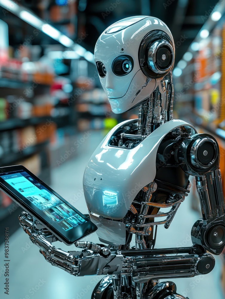 Poster robot holds the tablet and virtual shopping cart. future of shopping with innovative virtual shoppin