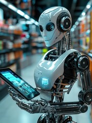 Fototapeta premium Robot holds the tablet and virtual shopping cart. Future of shopping with innovative virtual shopping assistant. Digitization of selling process. E-commerce digital and virtual scene.