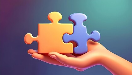 A hand holds two colorful puzzle pieces, suggesting themes of connection, collaboration, and problem-solving.