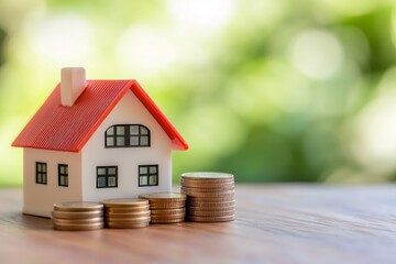 Small house model with stacks of coins symbolizing property investment and financial planning. Real estate finance concept