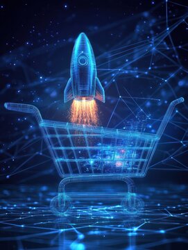 Shopping cart and rocket launch, futuristic, blue tones, illustration, representing technological advancement in retail