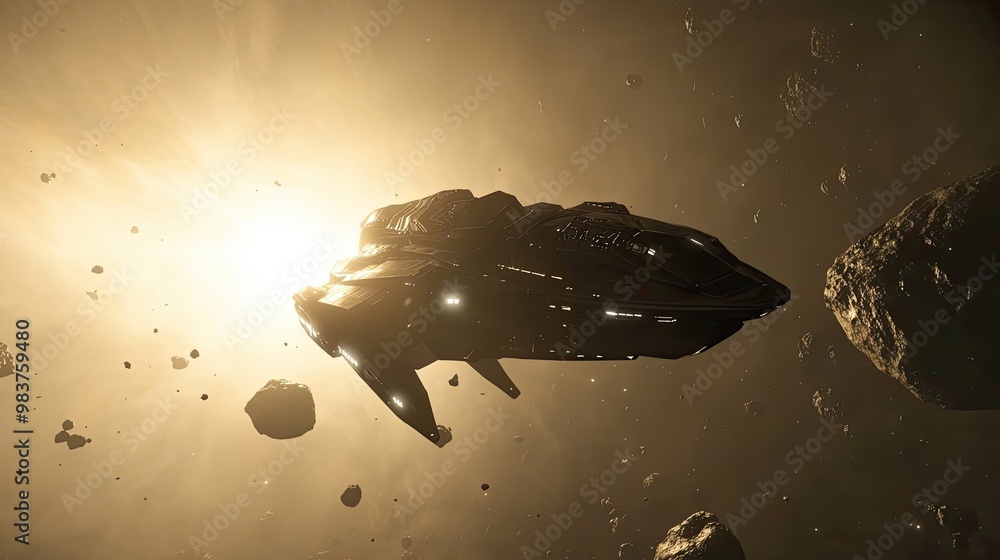 Poster a black spacecraft navigating through asteroid field with a sun behind it