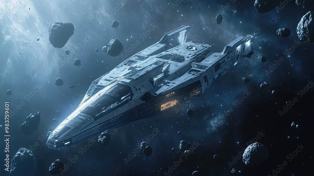 Aufkleber futuristic spaceship navigating through an asteroid field