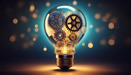 A light bulb filled with intricate gears, symbolizing innovation and creativity against a soft, glowing bokeh background.