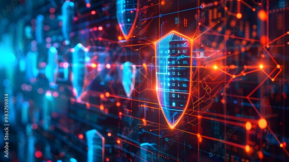 Poster a secure, digital fortress protecting data across integrated systems, with layers of glowing data sh